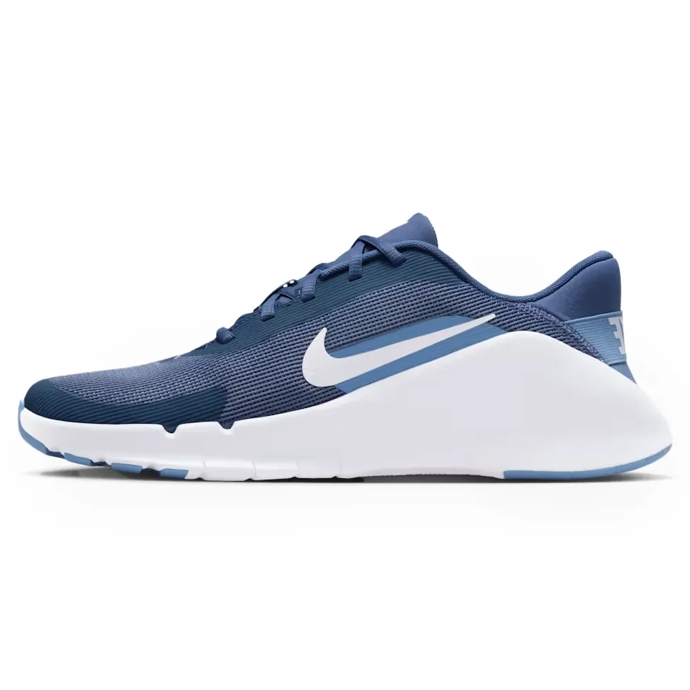 Tênis Nike Flex Train Azul Masculino visto de lado, evidenciando o design respirável em malha azul e detalhes em branco.